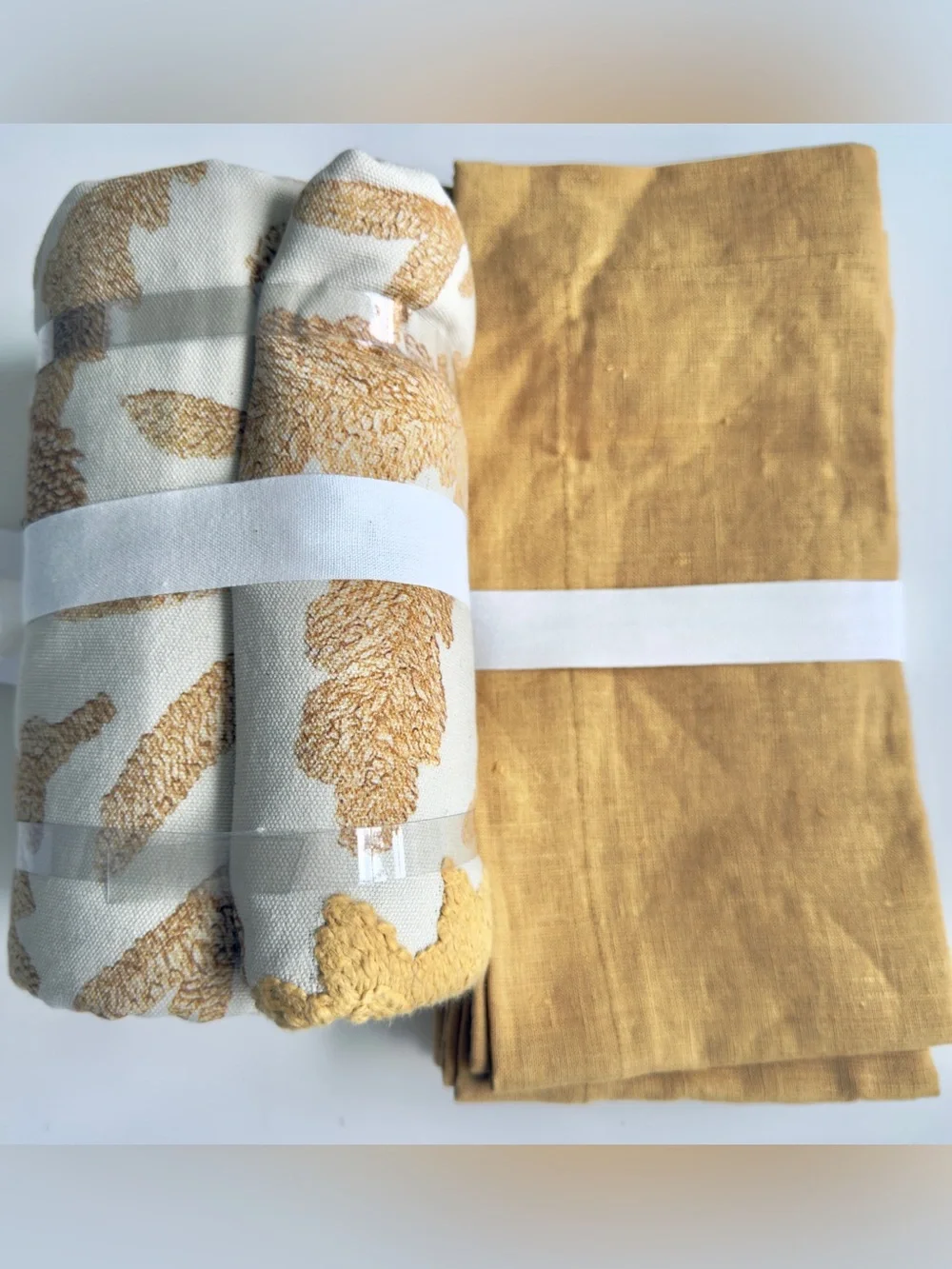 Pottery Barn Mayme Embroidered Table Throw & Mason Oversized Linen Gold Napkins